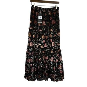 Talisman Black Floral Velvet Burnout Tiered Maxi Skirt Whimsigoth Gypsy S‎